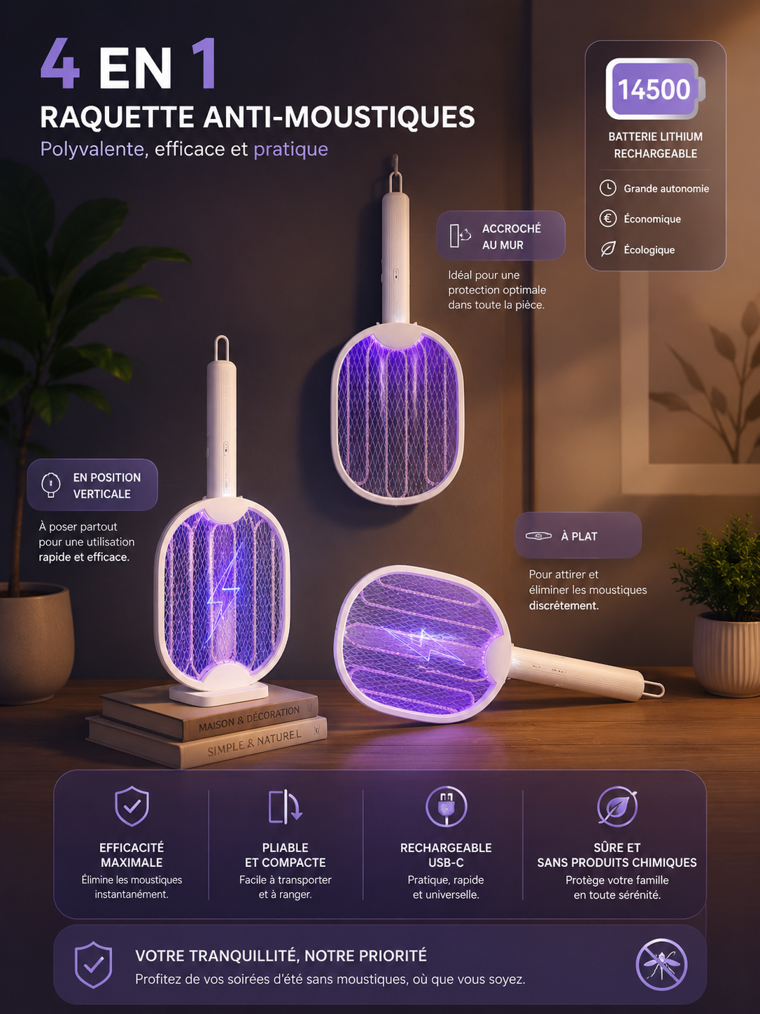 Raquette Anti-Moustique pliable Rechargeable