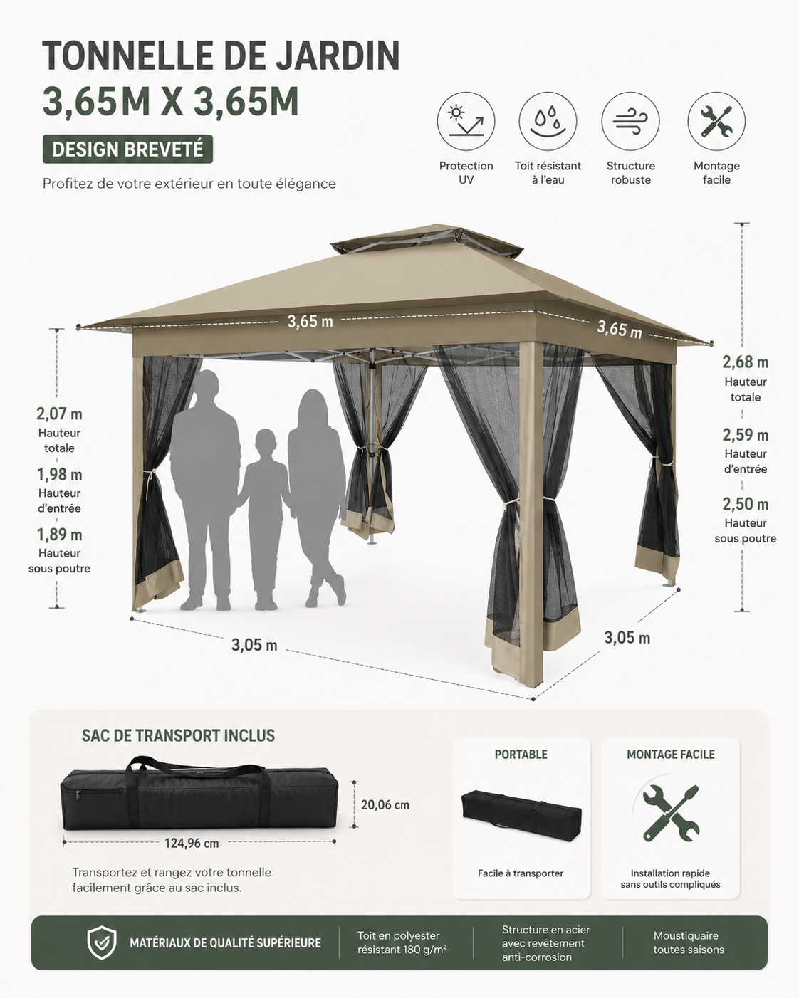 Pavillon Pliant 3x3M Étanche avec Moustiquaire