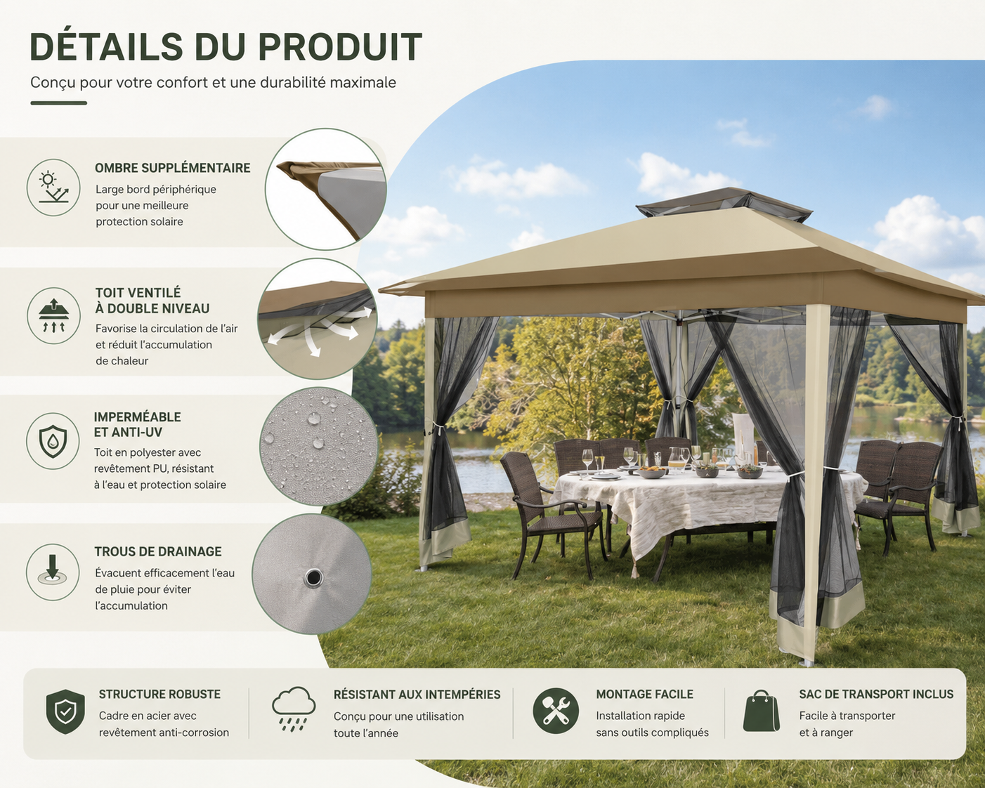 Pavillon Pliant 3x3M Étanche avec Moustiquaire